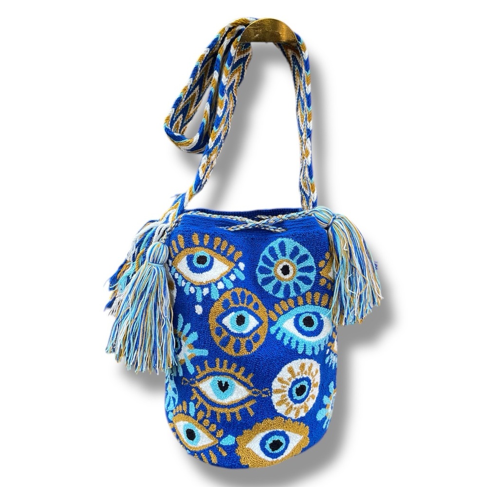 Wayuu Tribe Blue Crossbody Bag with Evil Eye Motifs -lined bag-amulet royal blue